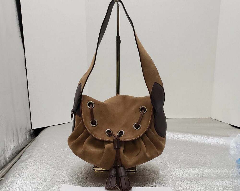Moschino Cheap and Chic Brown Suede Leather Trim Drawstring Shoulder Bag - Picture 1 of 9